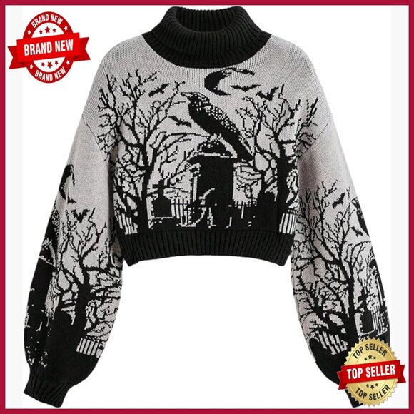 Sweaters - Graphic Turtleneck Sweater Cropped Pullover Long Sleeve Casual Trendy